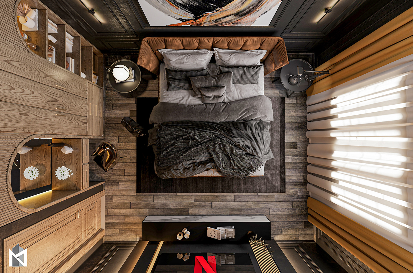 leather visualization corona interior design  Minimalism midcentury black Wooden Panel 3ds max new classic