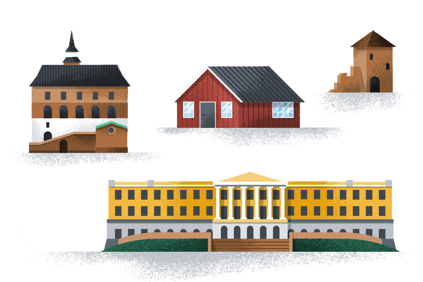Illustrated icons of the castle, scandinavian house, and the king’s palace by Adrian Bauer