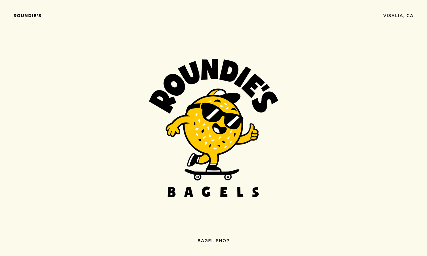 Mascot logo for Roundie’s bagel shop. Visalia, California, US
