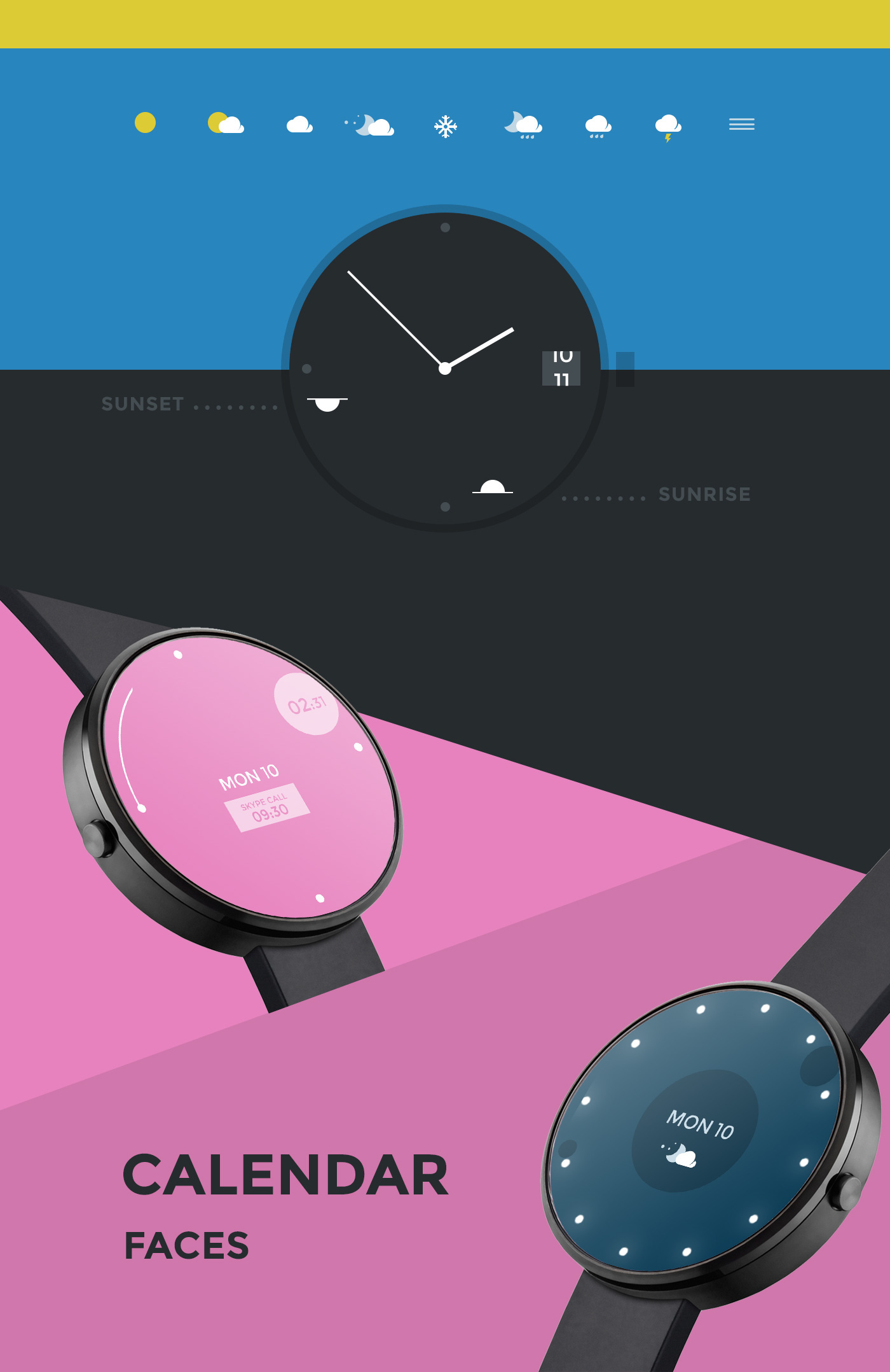 android Wearable Interface colorful clock hands time calendar animations Mockup watch face