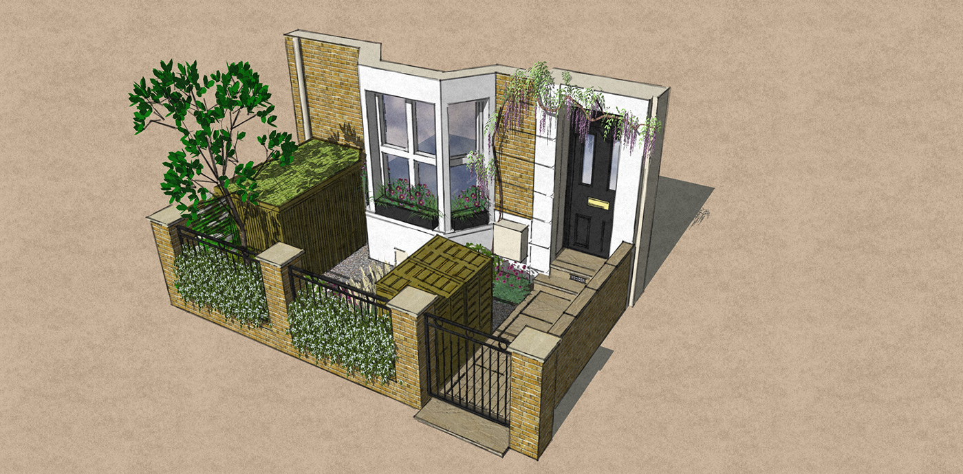 garden design front garden railings brick wall sandstone storage bespoke plants e5 Family garden