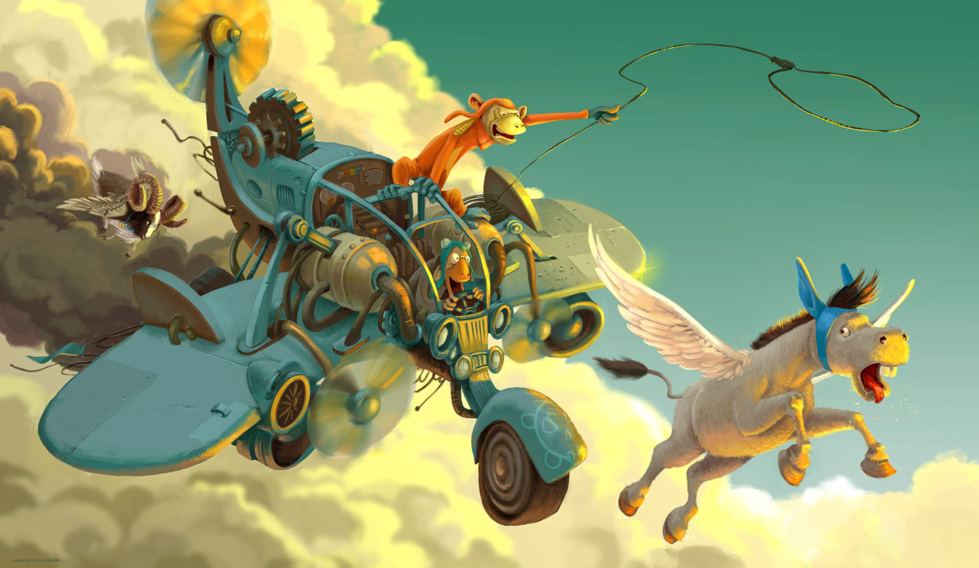 Digital Art  donkey goat monkey fairy Flying machine airplane airtrike children illustration