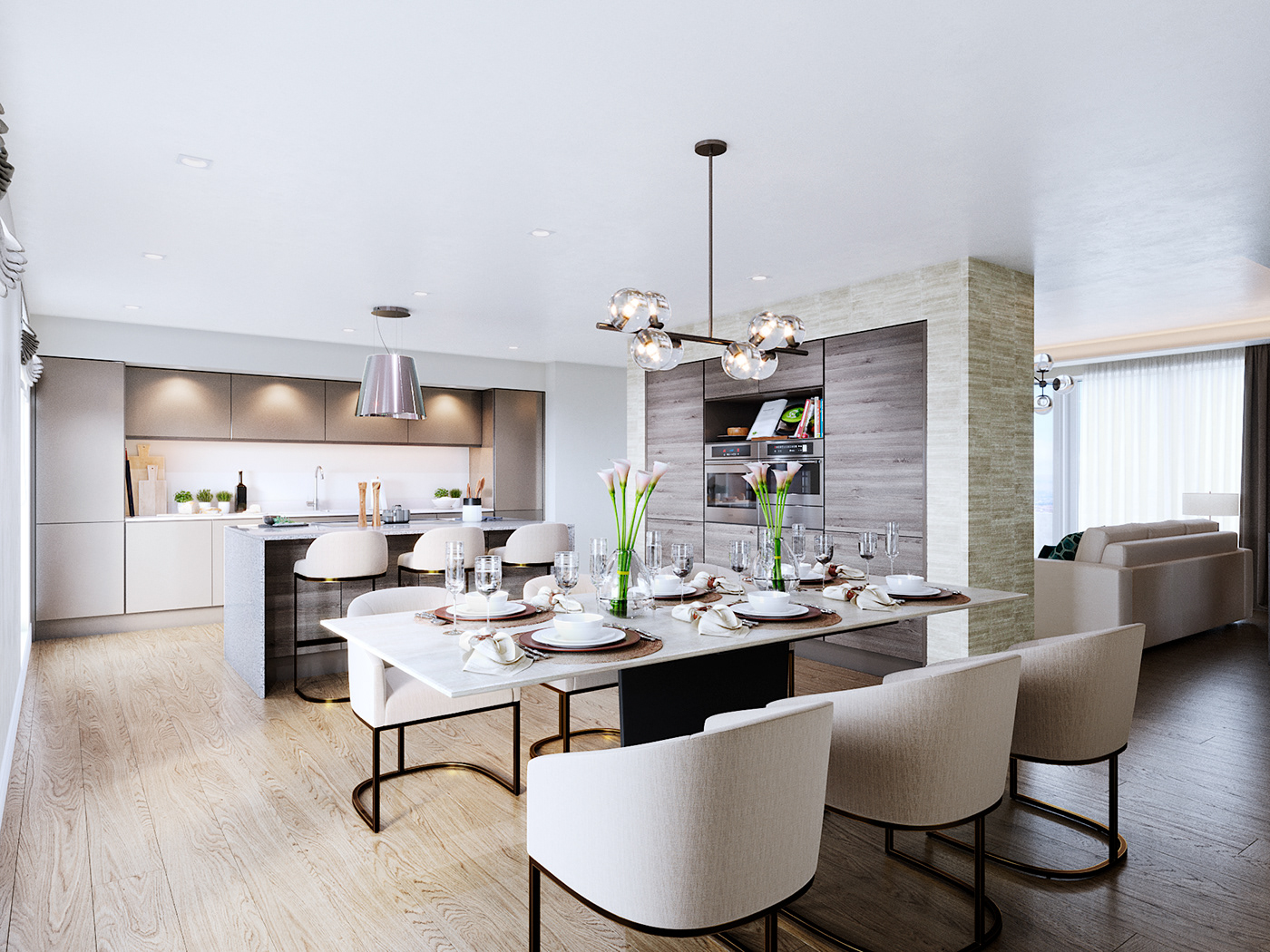 3D Interior design CGI visualization kitchen contemporary living room dining interior design 