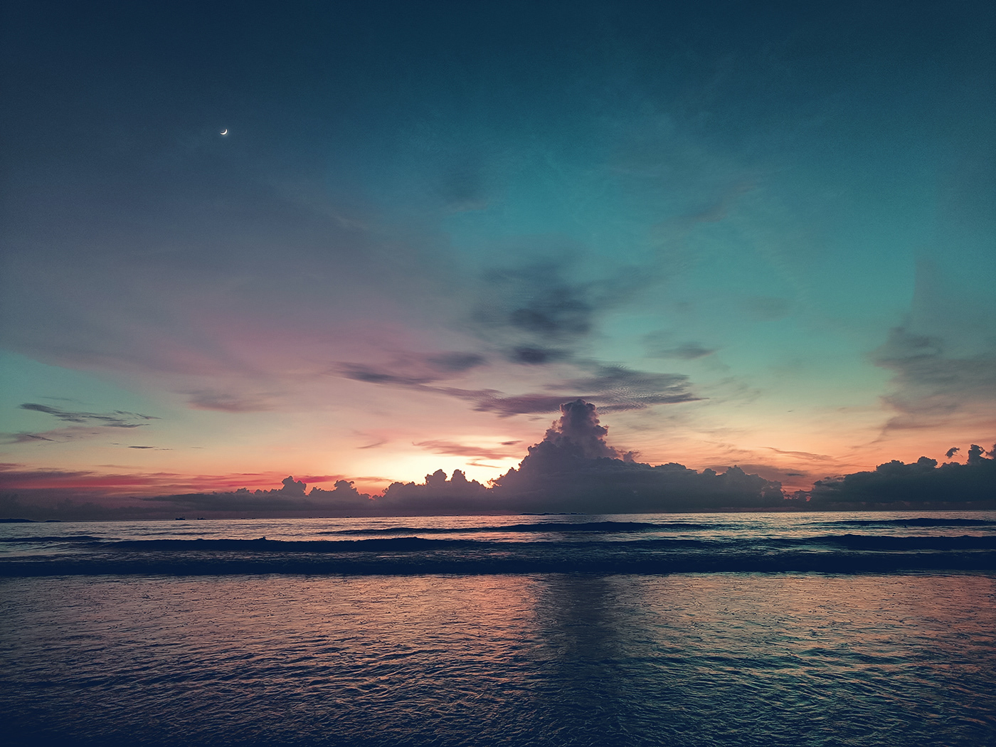 beach blue sky cresent moon Evening half-moon