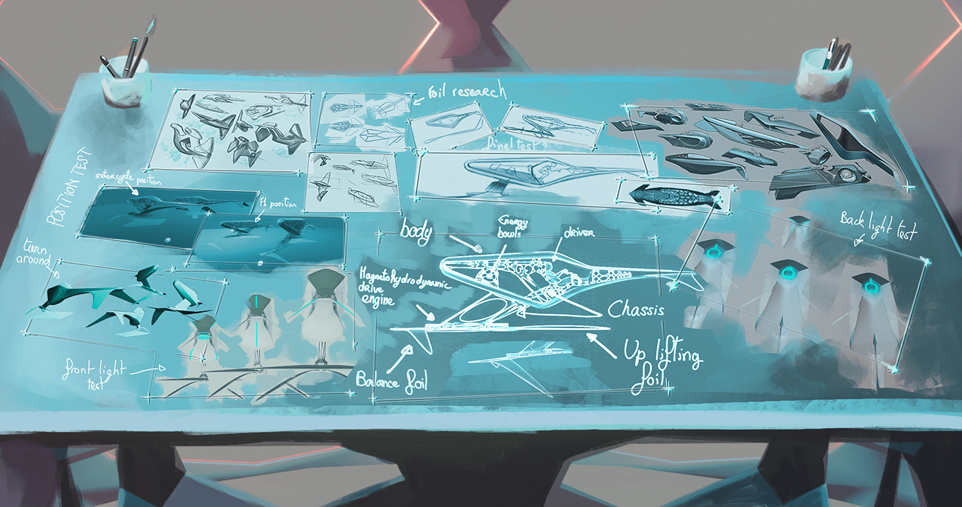 blue boat design designer fiction futur hydrofoil