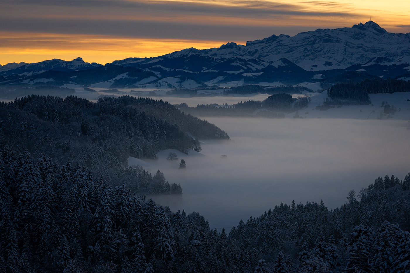 Alpstein Fall fog line Sea of Fog Sunrise swiss alps Switzerland Toesstal winter Zuercher Oberland