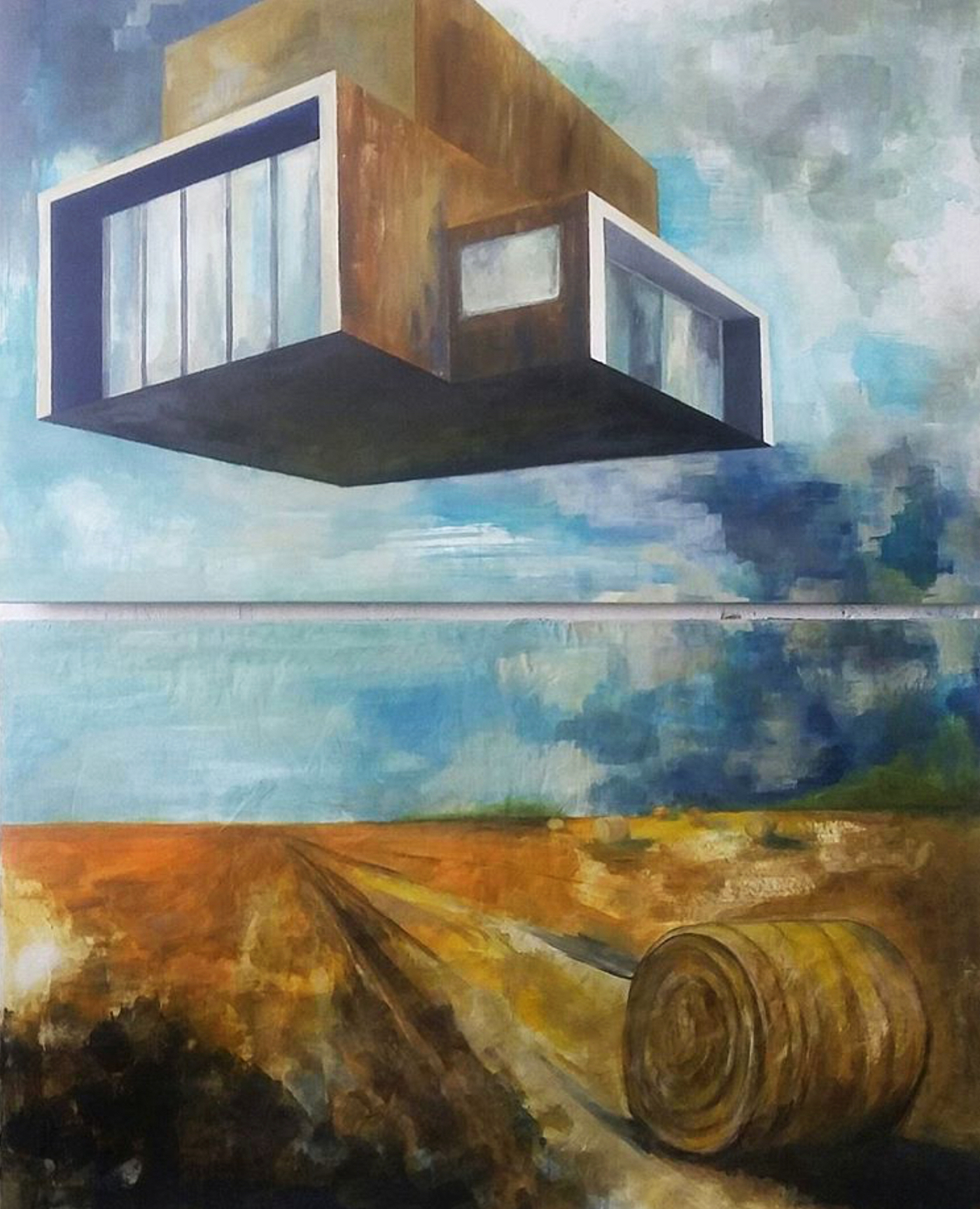 Freies Feld flying house modern architecture field corn surrealism Surrealismus postmodern