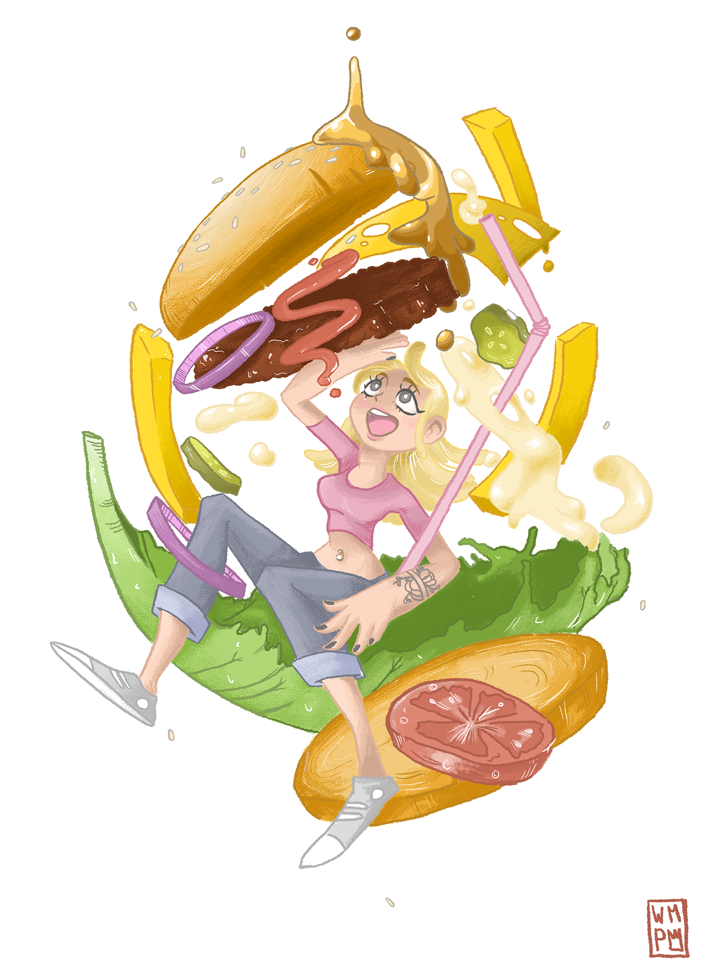 fastfood burger Food  ILLUSTRATION  PhotoshopArt wacom foodadvertisement characterdesign cartoon Dynamic
