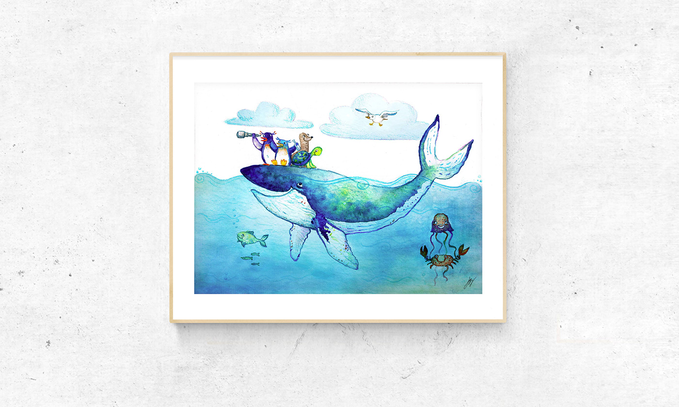 watercolour ILLUSTRATION  childrens book childrens illustrations sea sea life penguin jellyfish Whale commission