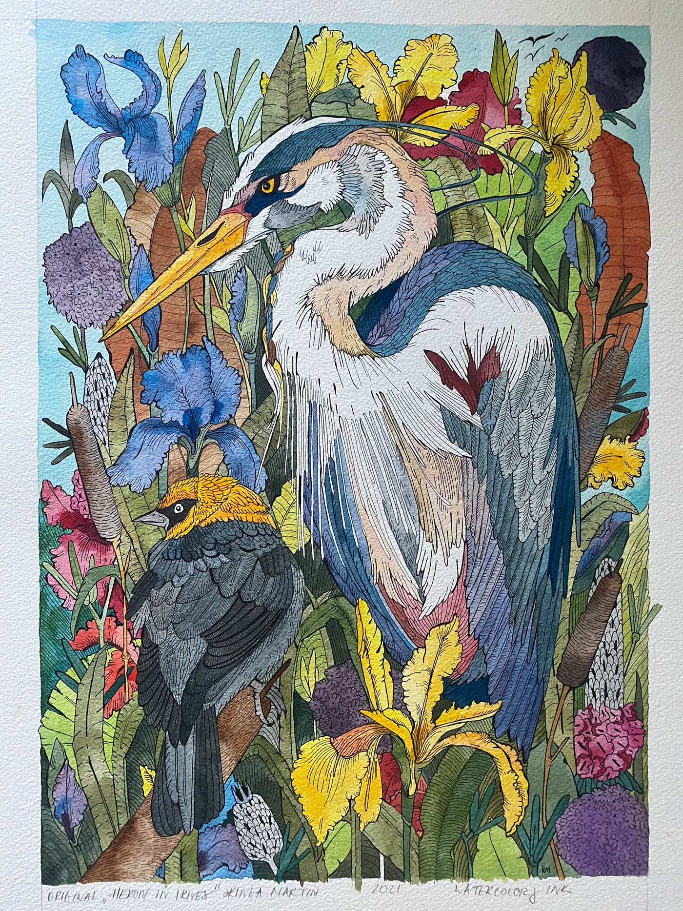 bird botanical watercolor art