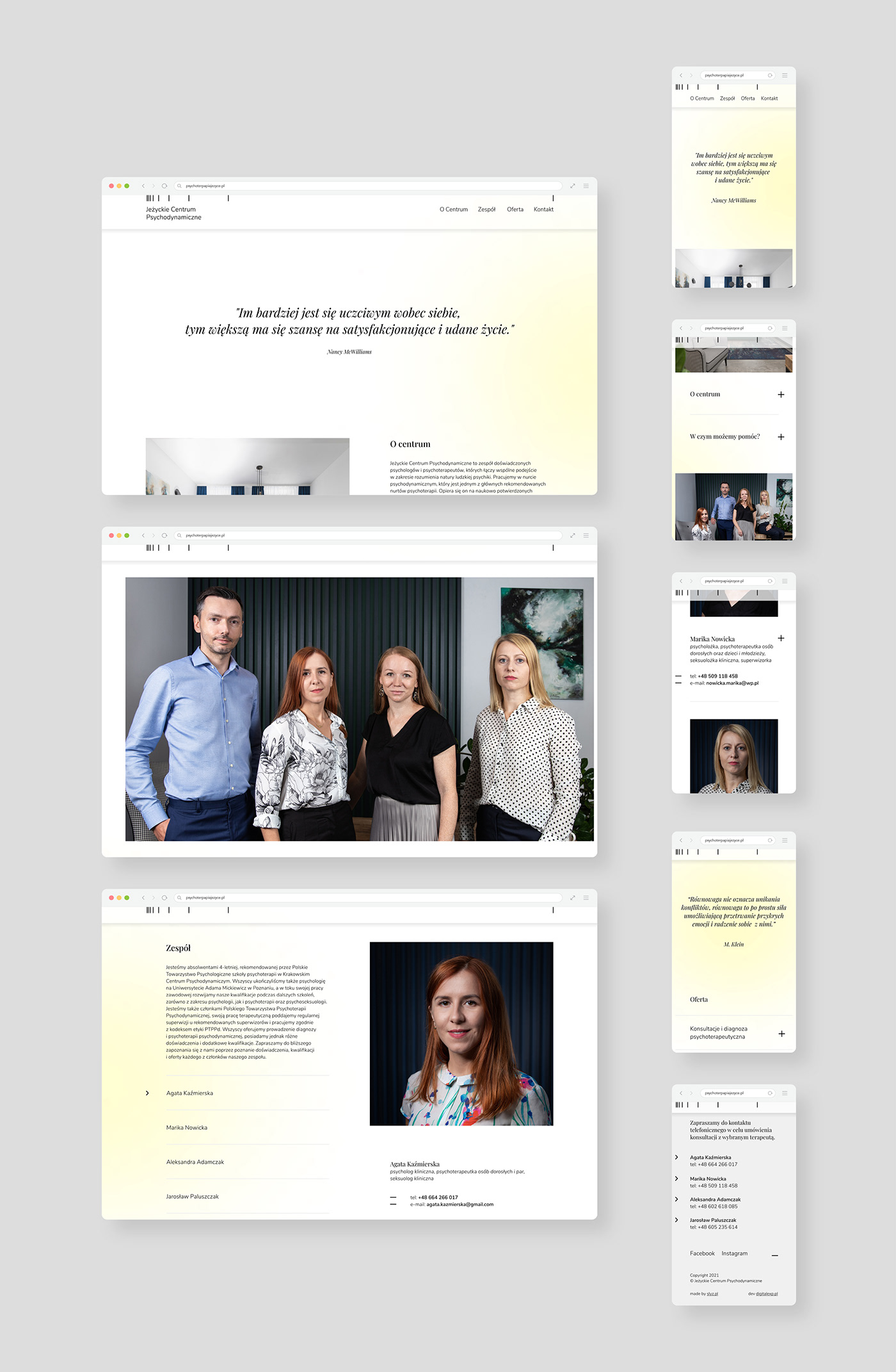 Screen views of the JCP Psychotherapy Clinic in Poznań, mobile and desktop.