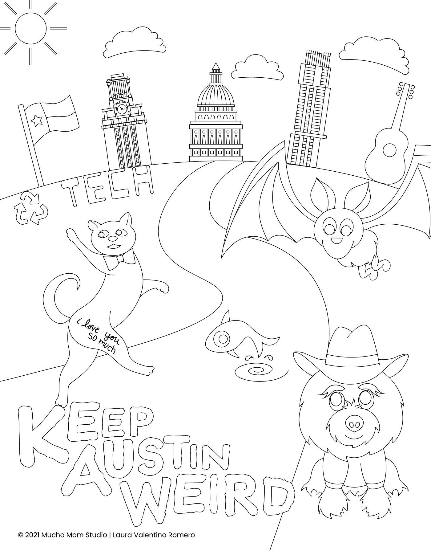 Austin coloringbook Drawing  graphicdesign ILLUSTRATION  texas Texas Capital university of texas Vectorillustration