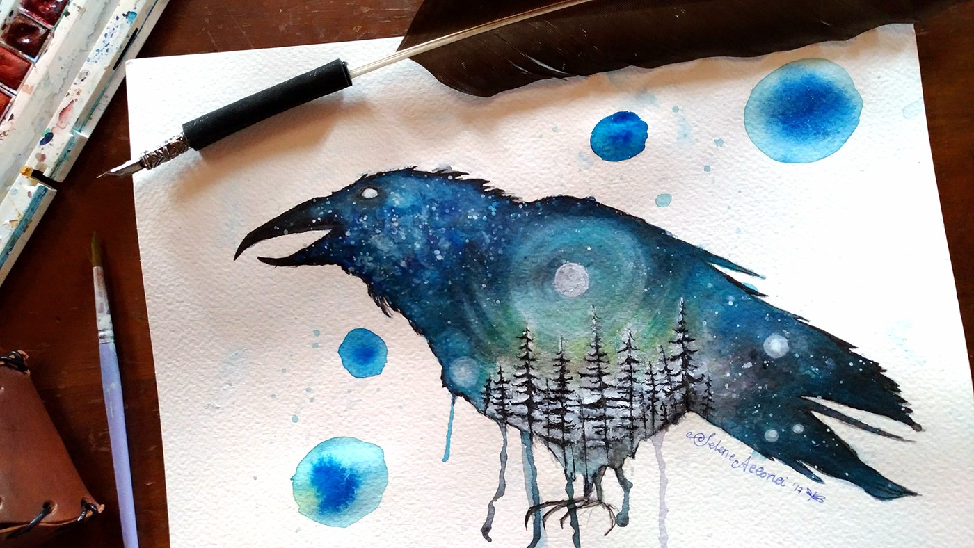 corvo Acquerelli winsorandnewton NordicLights watercolors illustrazione ILLUSTRATION  crow raven myworldincolors moon lune path watercolorillustration sketch