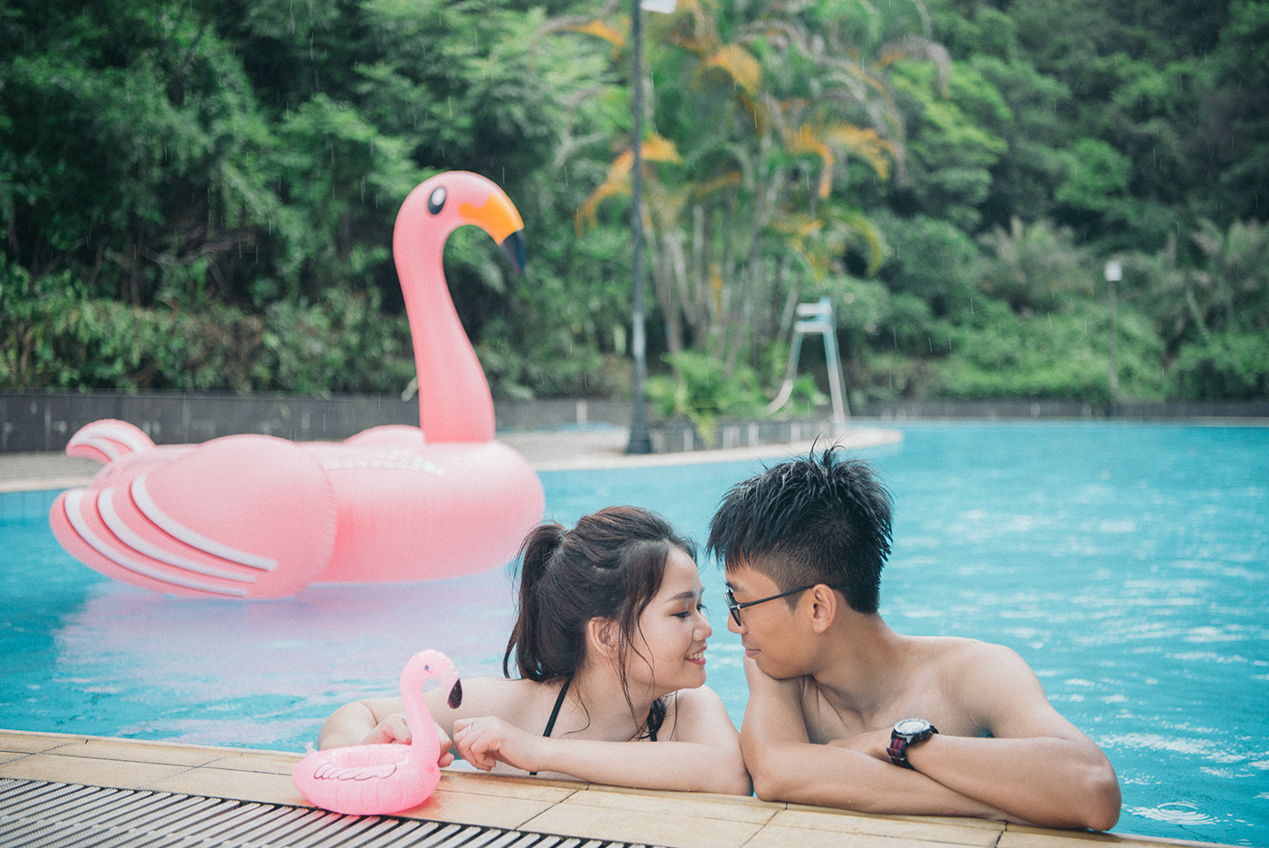 swimming Pool party couples Lovers flamingos pink bikini