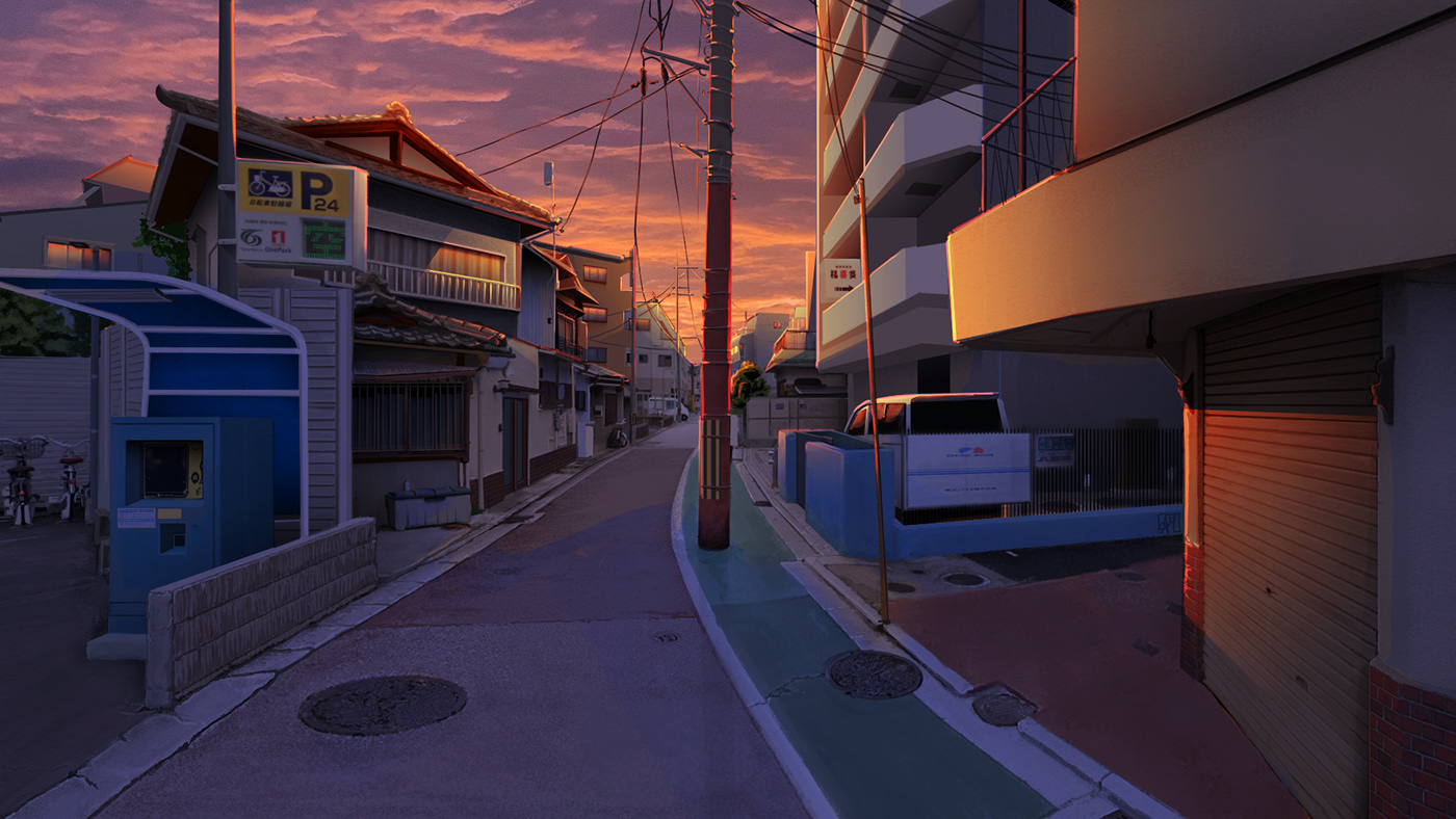 Street city anime background sunset japan digital illustration Colourful  Sunny summer