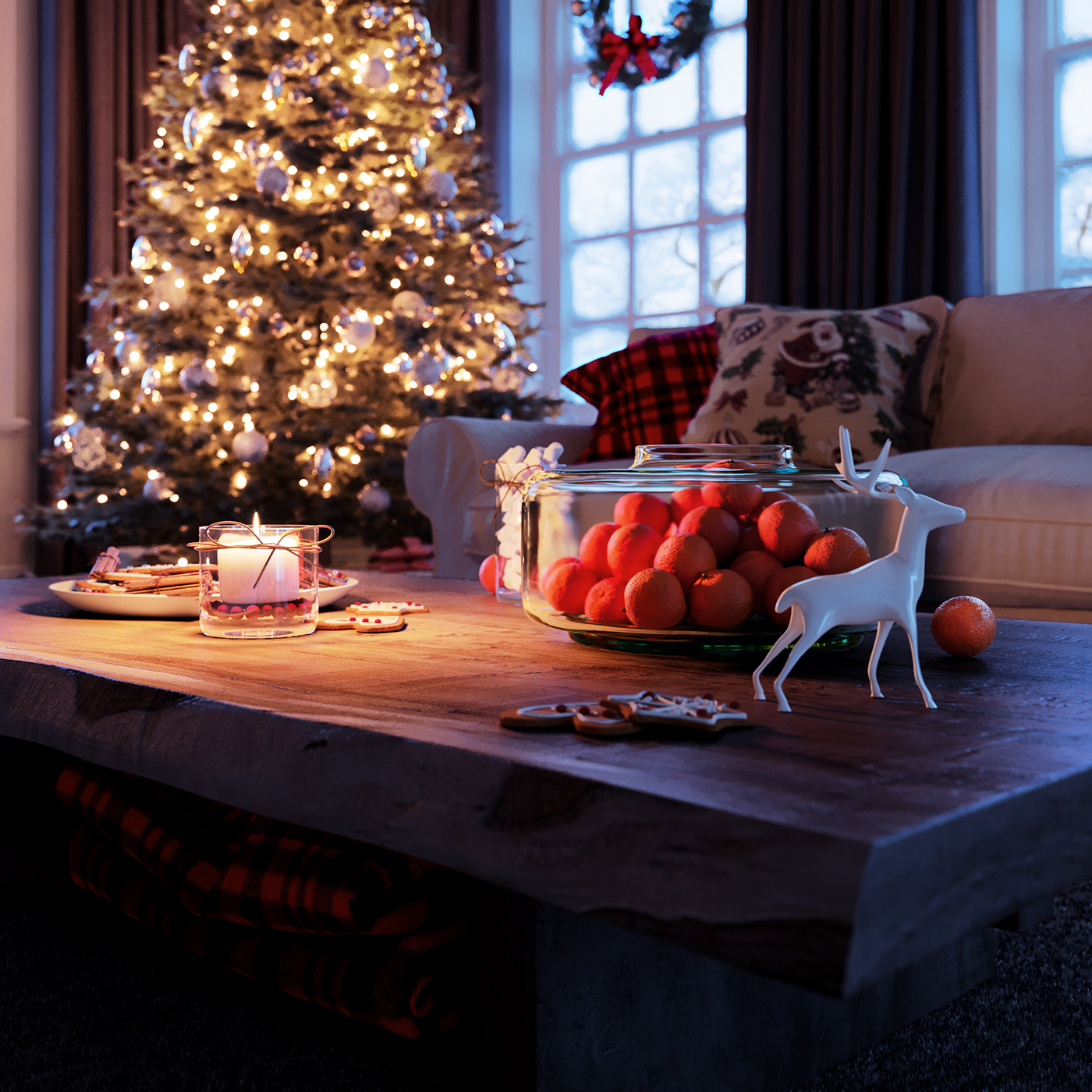 Interior Christmas living room new year santa snow sofa toy winter CGI