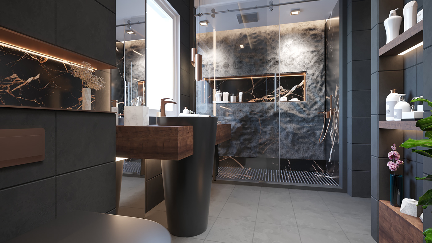 black interior design  bathroom modern 3ds max corona Render luxury