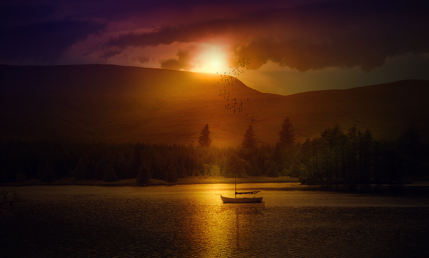Photography  photomanipulation Digital Art  lake sunset boat Brecon Beacons wales Composite PhotoVision