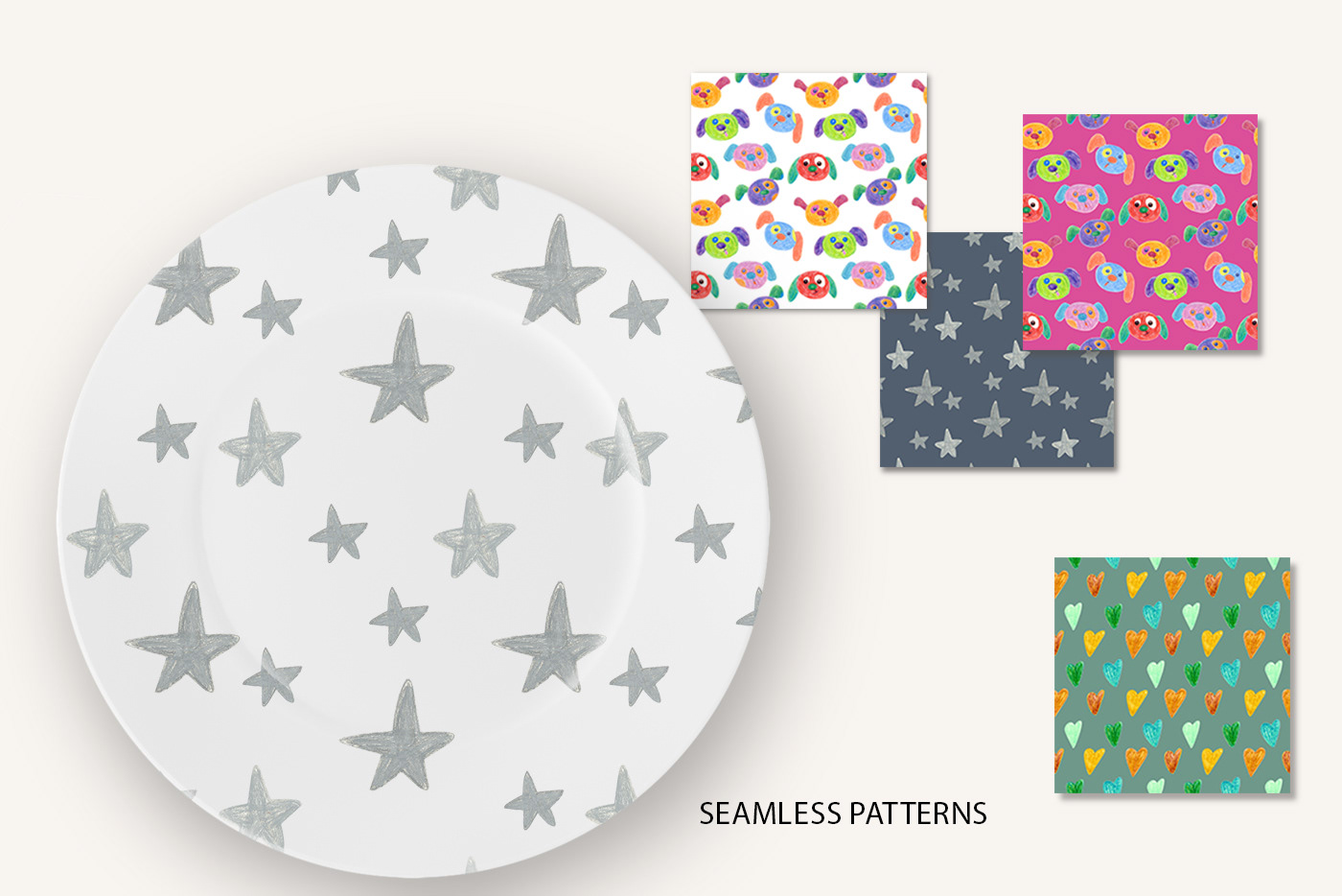 seamless pattern of hand drawn wax crayon dogs faces, hearts and stars