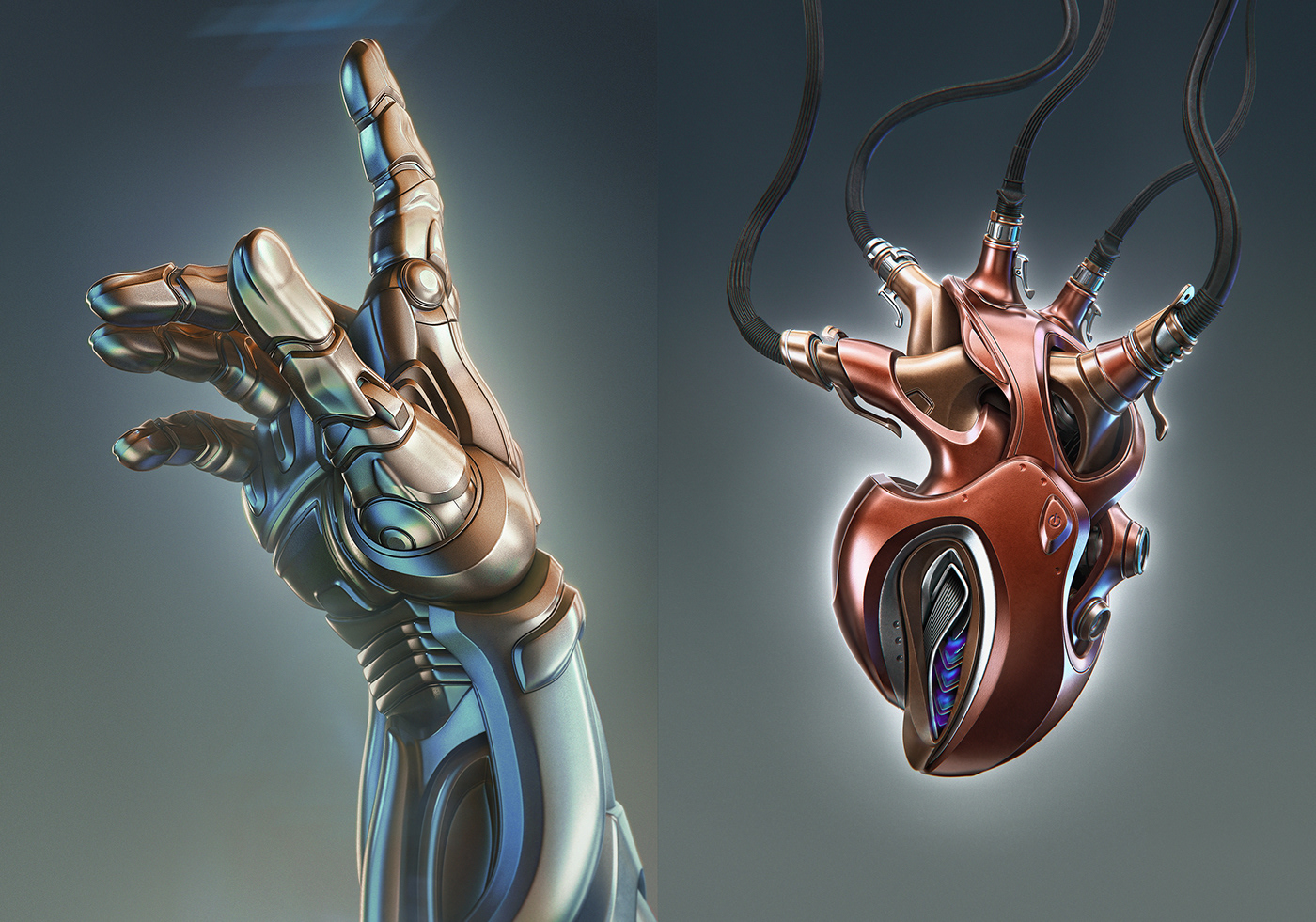 Key Visuals Human machine interaction CGI 3D Render robot mechanical heart  mechanical brain artificial intelligence Digital Art 