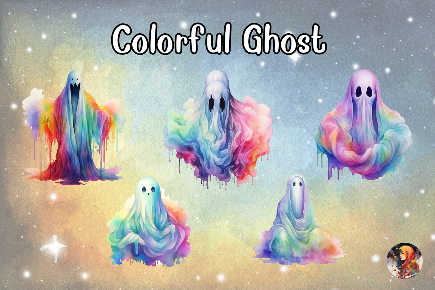 colorful ghost vibrant spooky Supernatural spectral apparition Halloween eerie phantasm