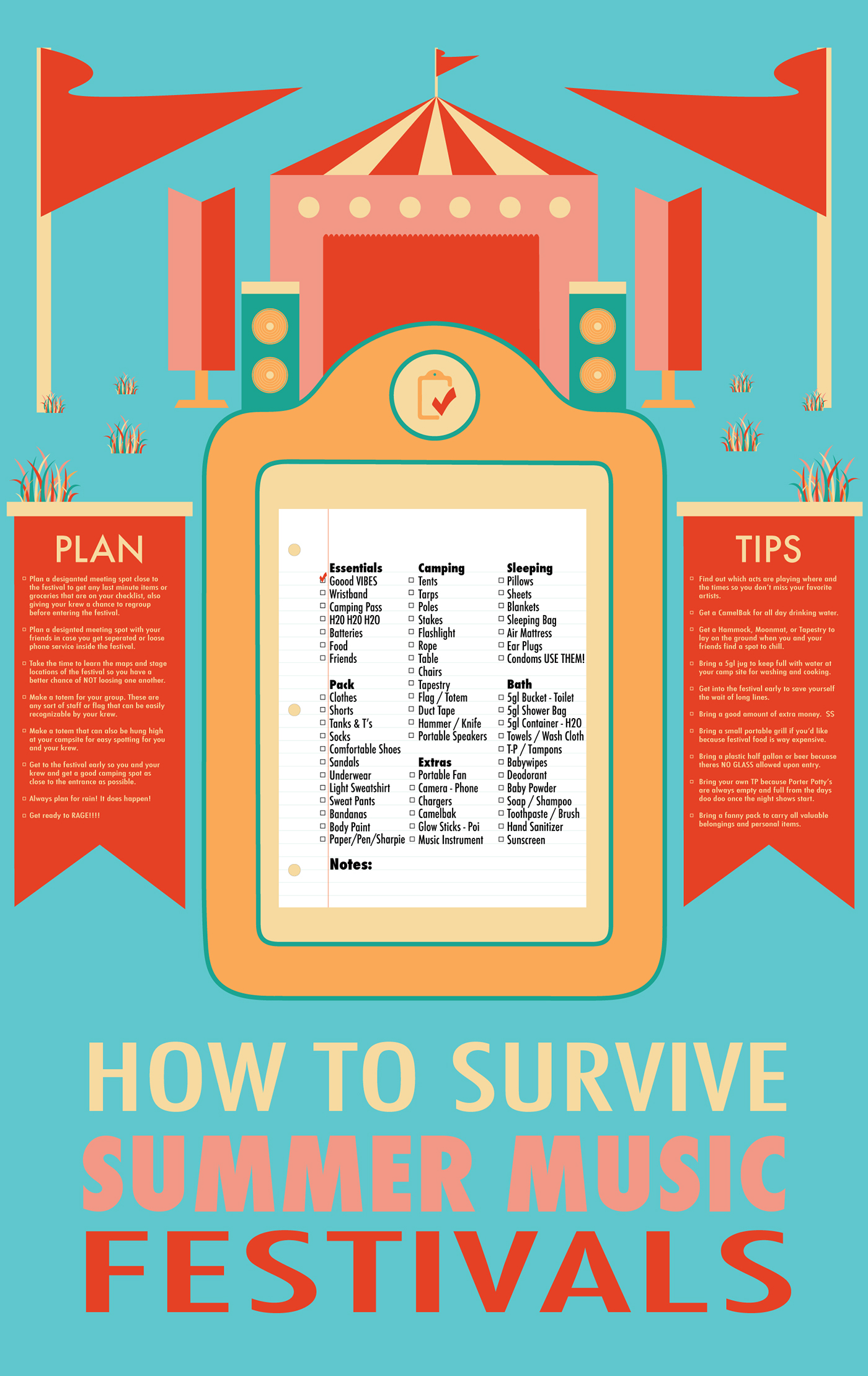 infographic poster design festivals summer colors checklist survival guide