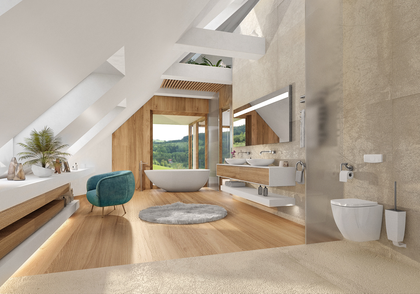 belső flat fürdőkád fürdőszoba szauna tervezés tetőtér zuhany