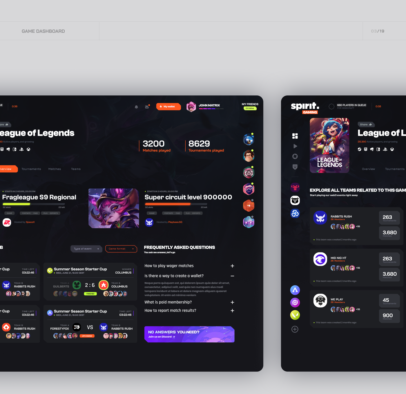 Gaming esports dashboard tournaments leagues UI Website design Platform mobile