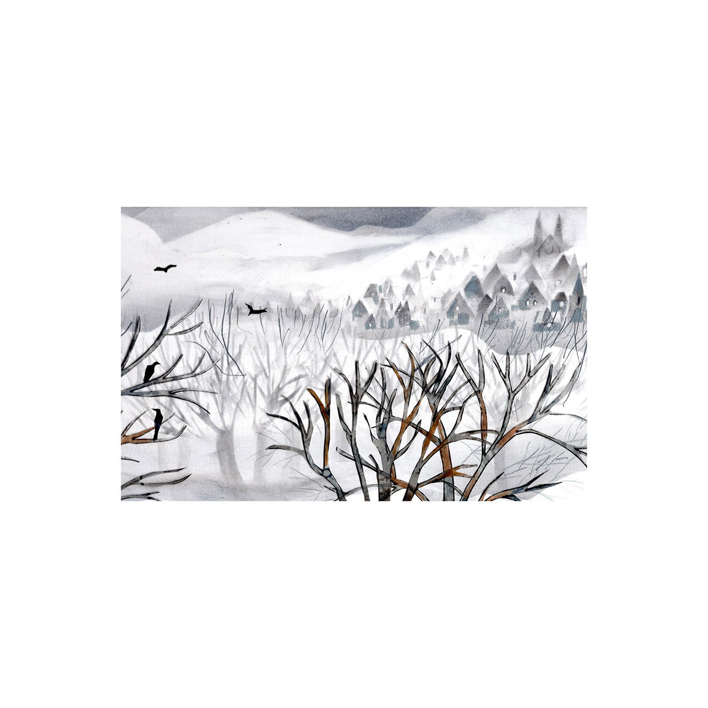 snow cold Landscape fairytale children's book mixed media