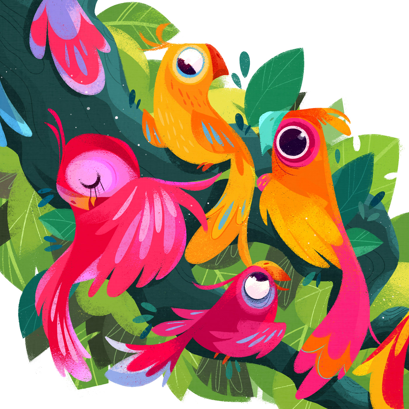 parrots birds kids ILLUSTRATION  Tropical colors Tree  leaves animals Editory