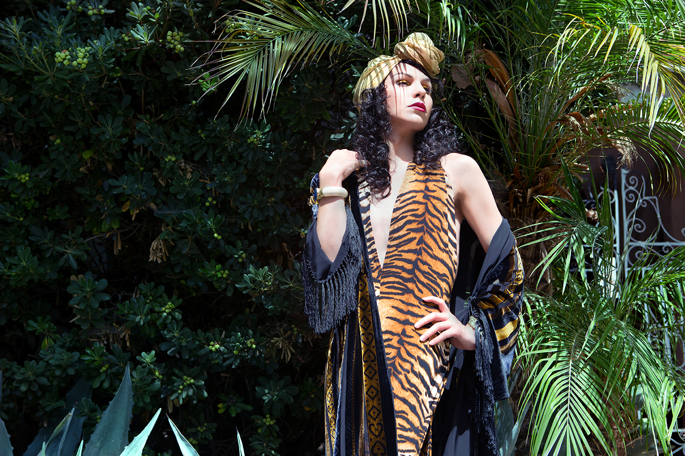 location photo shoot Los Angeles African motifs jungle tiger plastic martyr tribal transsexual