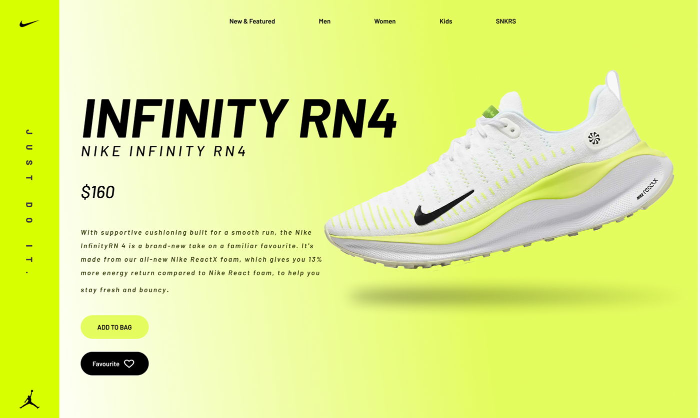 Nike Website Design ui design Nike Shoes NikeDesign fashiondesign figma design Figma shoes design infinityrunner