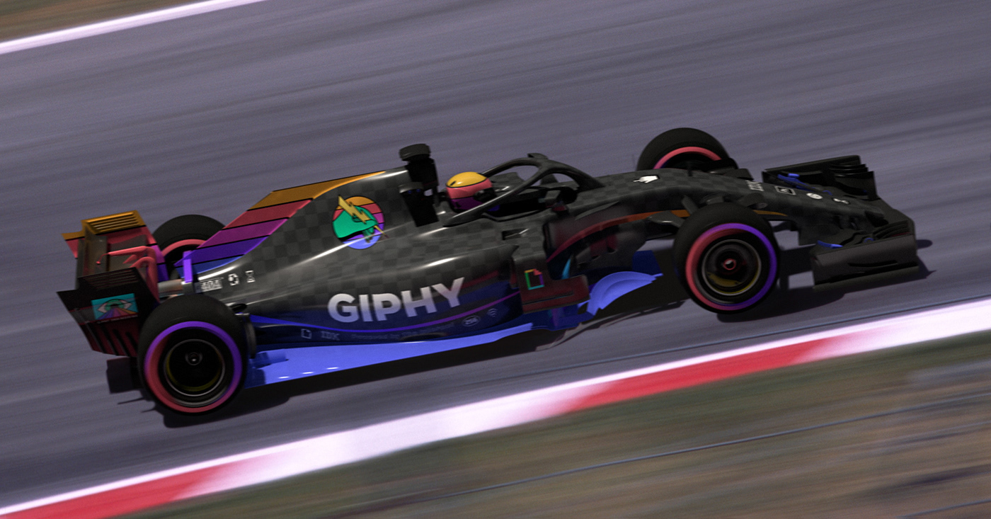 GIPHY sponsored Formula 1 race car concept. 3D Render.