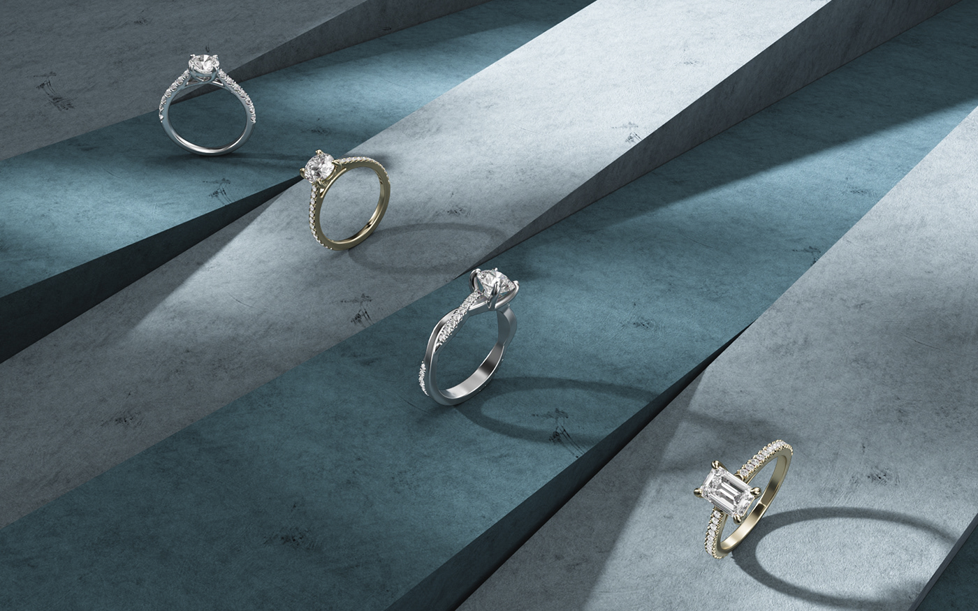 Sparkling engagement rings elegantly displayed on a mesmerizing blue surface.