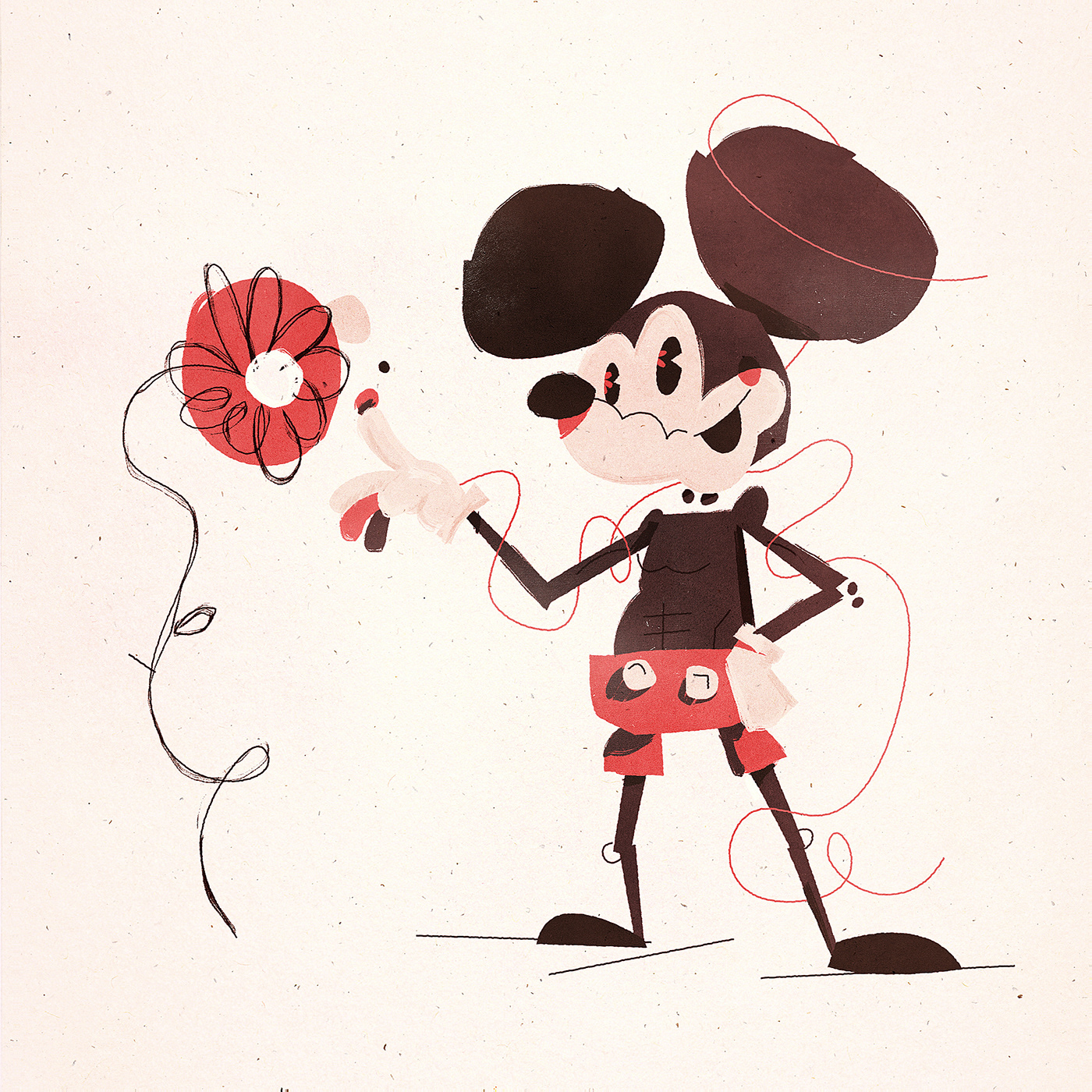 a clusmy illustration of Mickey Mouse poking a flower, with the flower shining in his eyes.