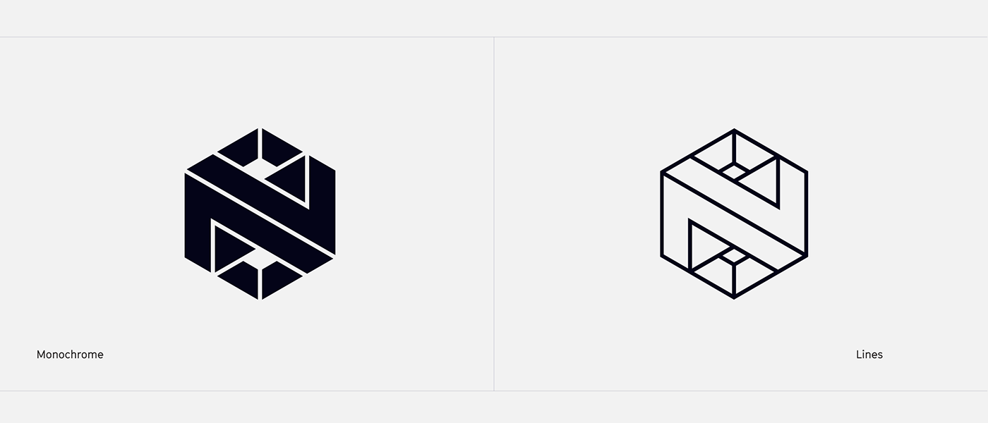 The Nexagon, NEXTPART’s symbol, in negative, both in monochrome and with lines.