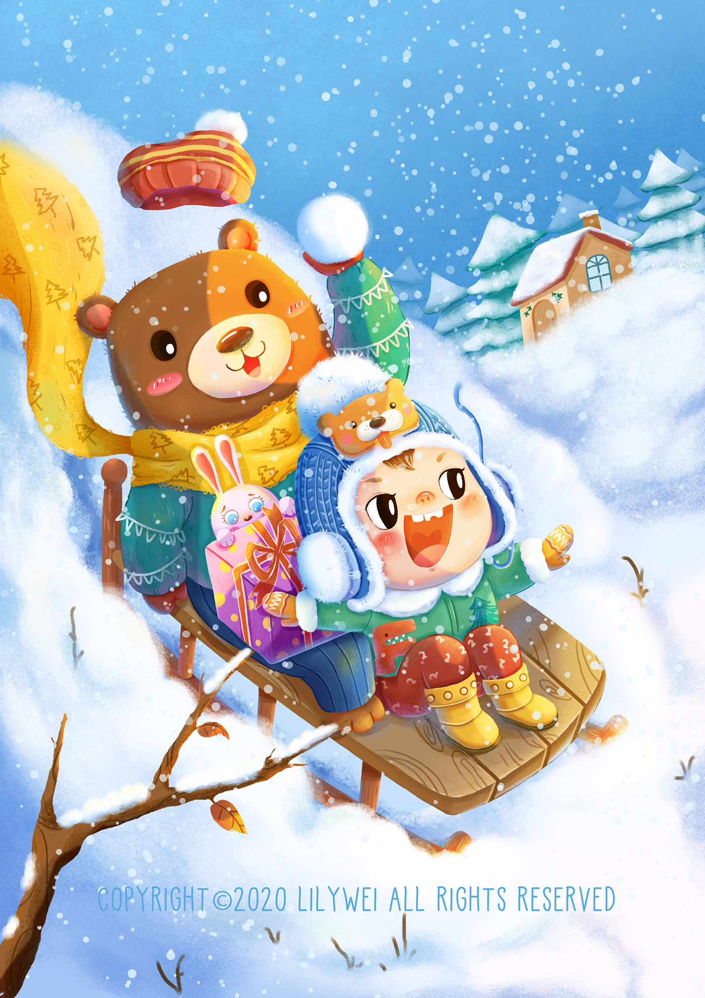 儿童插画 兔子 冬天 圣诞节 大熊 气球 滑雪 落叶