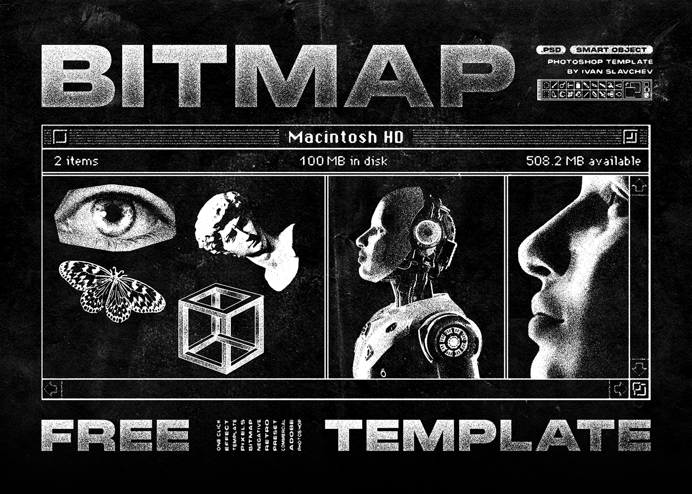 bitmap pixel 8bit Retro template Glitch black and white effect free download