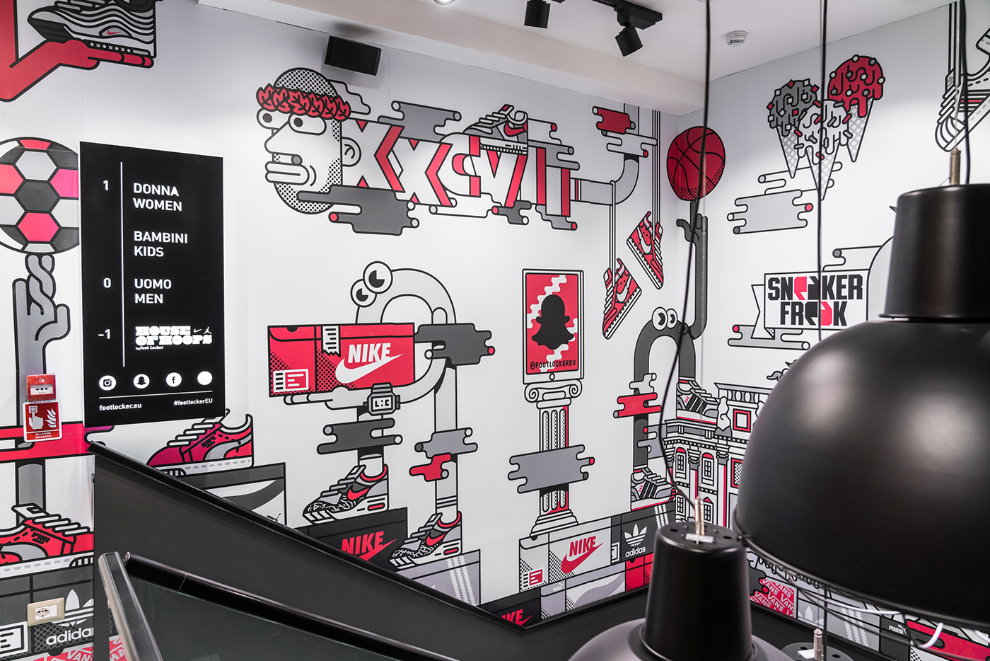 Foot Locker sneakers streetwear characters Rome store shop Mural wall Nike