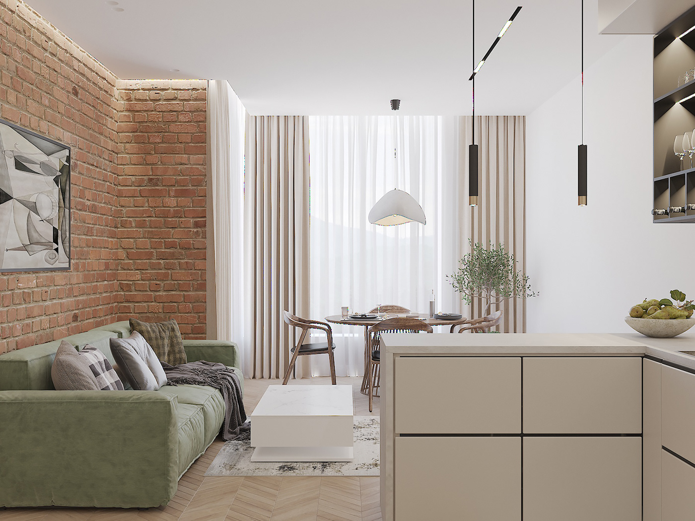 3ds max design Interior visualization гостиная   дизайн интерьера Дизайн квартиры Кирпичная стена
