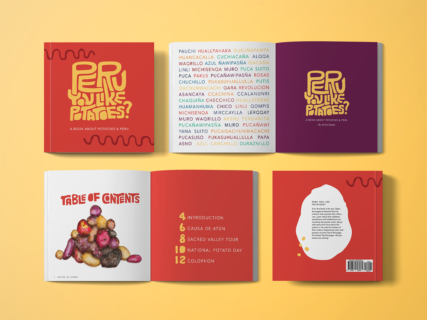 book Colophon design editorial graphic design  Layout peru potato print table of contents
