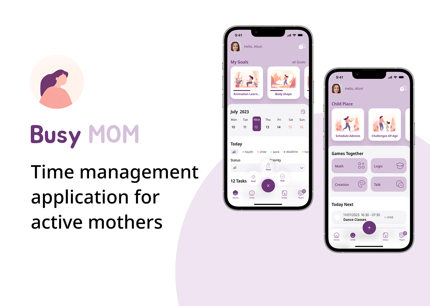 task management UI/UX Mobile app time management calendar planner mother children midjourney artificial intelligence