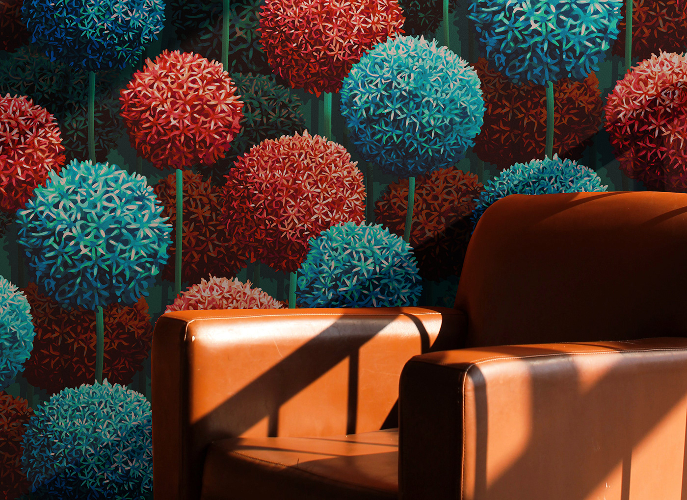 Photograph of a hand-painted allium wallpaper in a red and blue colourway.
