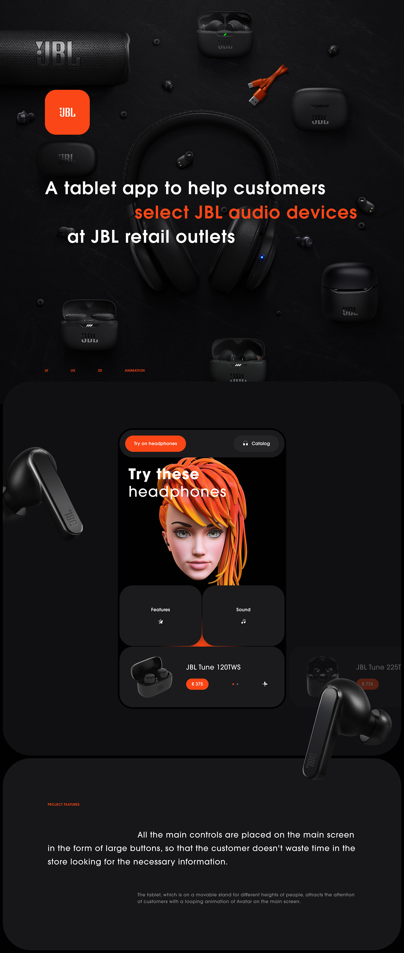 3D animation  app dark Earbuds earphones headphones tablet UI ux/ui