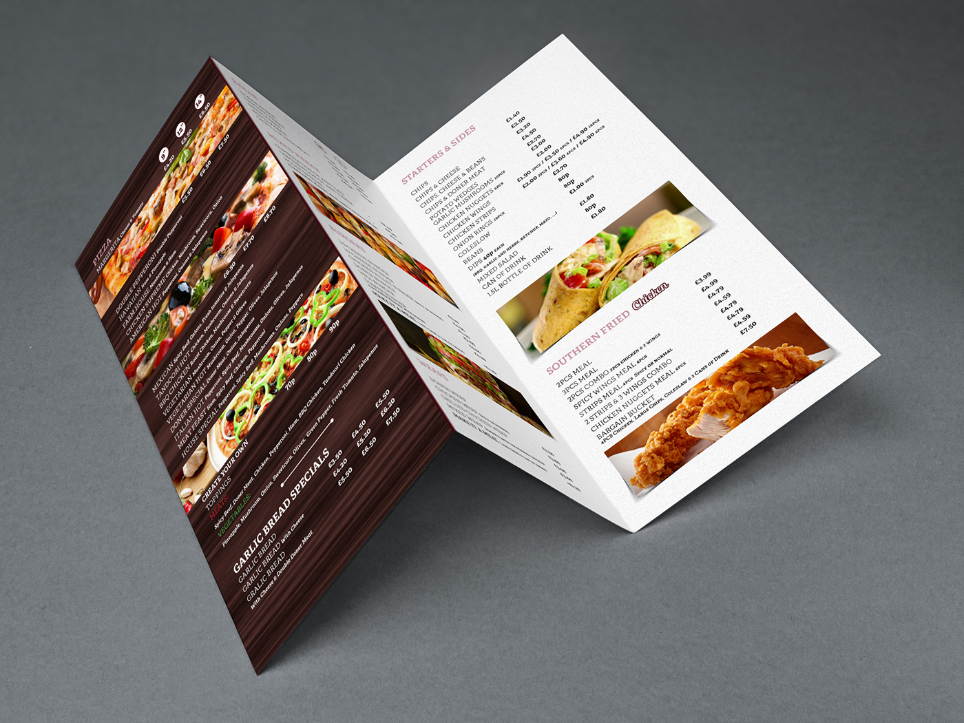 menu restaurant Food  print design artwork logo Mockup kebab Pizza Deals meals oxford hollow way burger