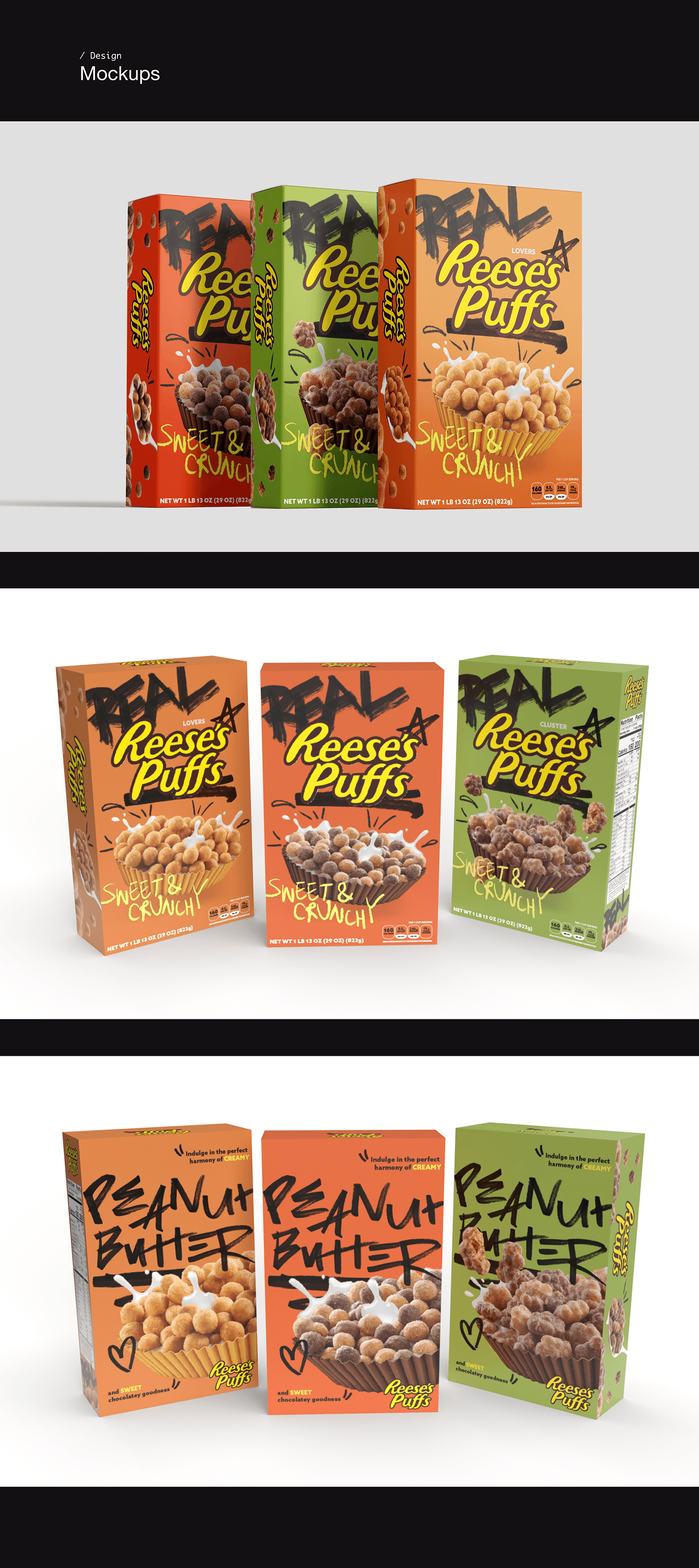 Packaging packaging design cereal packaging cereal packaging design Reese's Puffs graphic design  Adobe Photoshop adobe illustrator Adobe Dimension