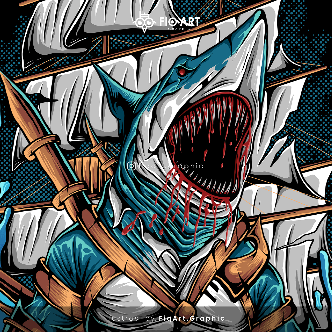 ilustrasi desain art digital illustration Graphic Designer pirates megalodon shark grafis