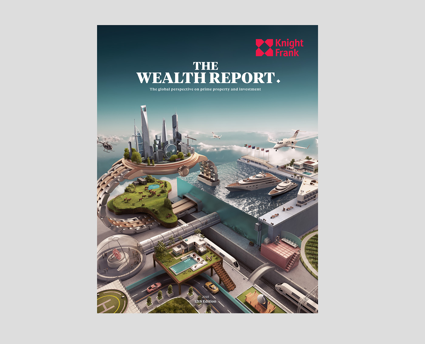 magazine cover CGI 3D Render surreal rich goods city wealth