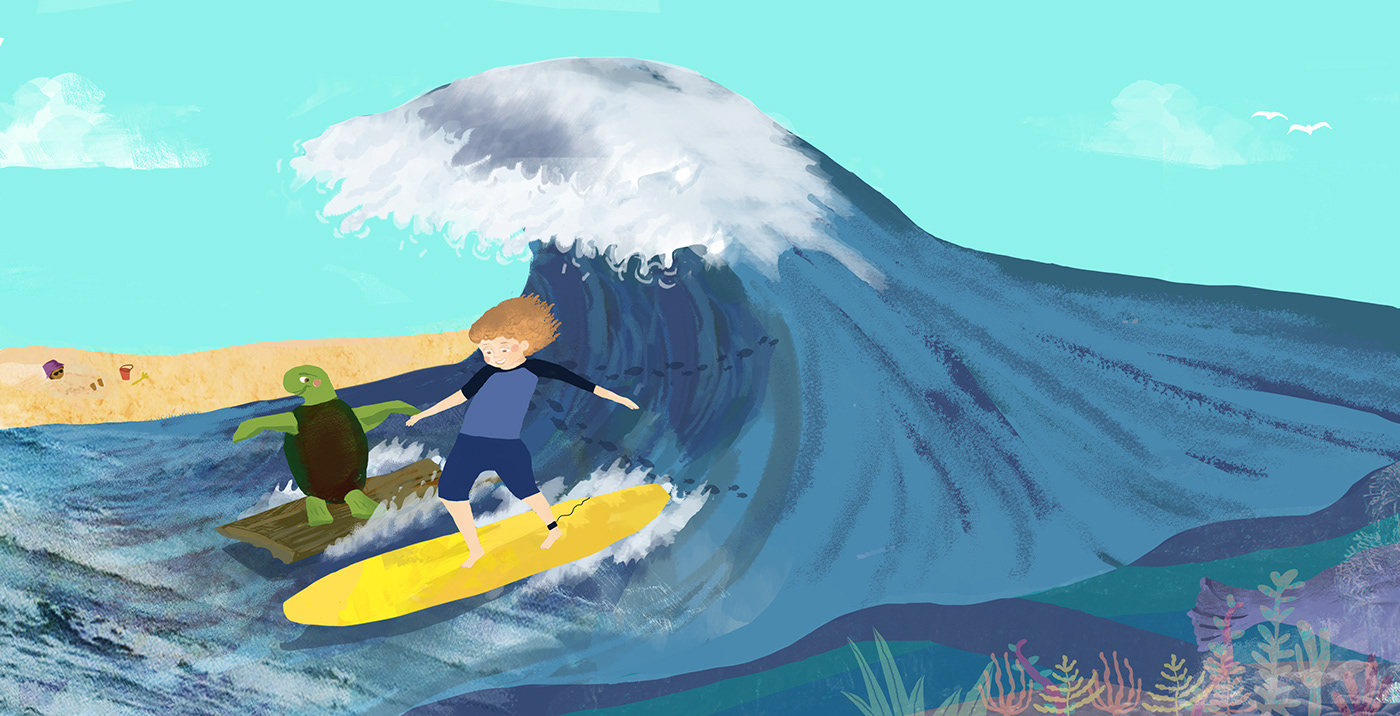 children's book Digital Collage digital illustration dolphin picturebook Surf surfing Turtle underwater