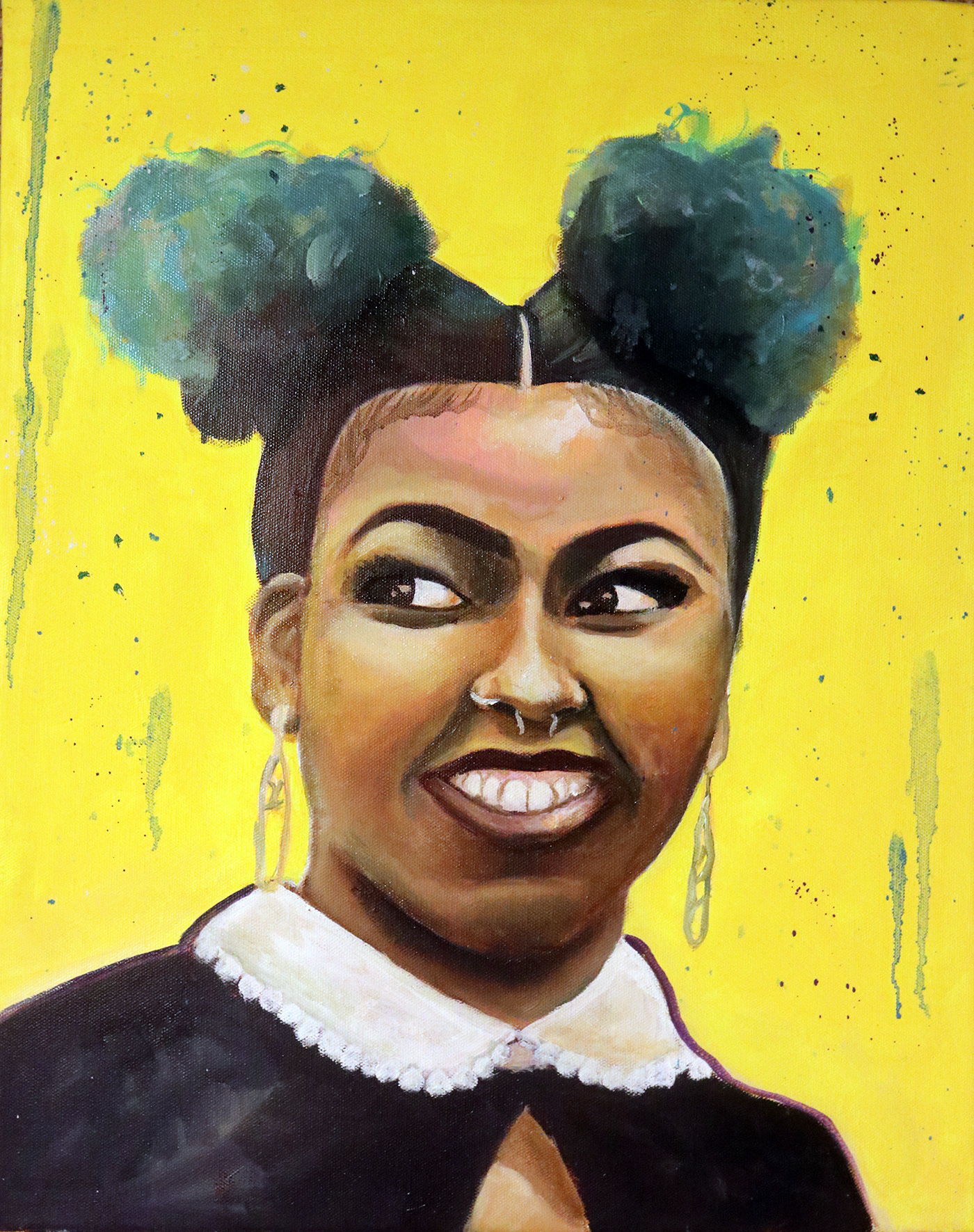 Black women blue hair natural hair painting   Oil Painting black art yellow fine art